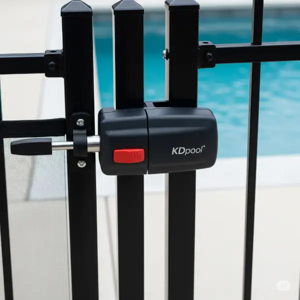 Pool fence and gate locks. Shows a black pool gate with a KDpool branded magnetic safety latch.