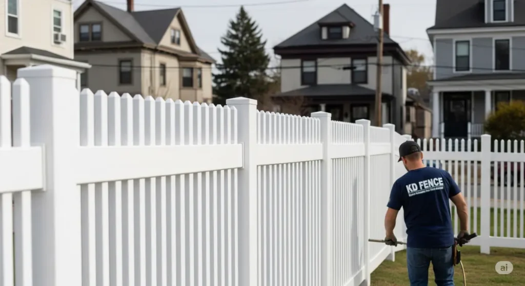 Vinyl fence installation in Albany, NY. Shows a new white vinyl fence with KD Fence worker.