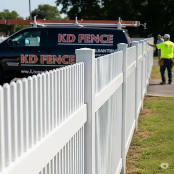 Vinyl fencing in Albany, NY. Shows a white vinyl fence with a KD Fence vehicle.