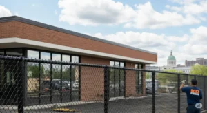 Albany commercial fence solutions. Shows a commercial property with a fence and a hint of the Albany skyline in the background.