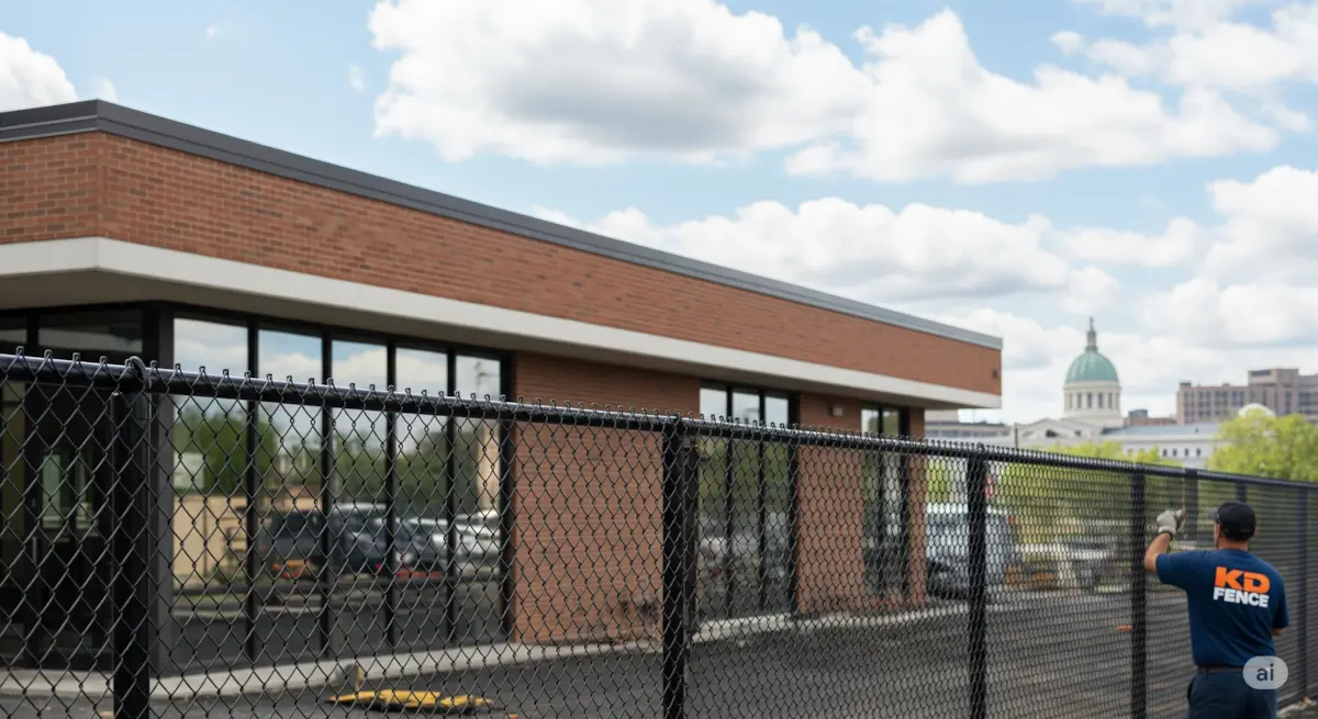 Albany commercial fence solutions. Shows a commercial property with a fence and a hint of the Albany skyline in the background.