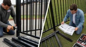 Aluminum fence installation guide. Shows a professional KD Fence worker expertly installing an aluminum fence next to a struggling homeowner.