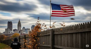 Fence in windy conditions. Shows a fence standing strong in a windy environment with the Albany skyline in the background.