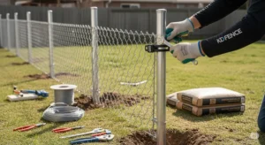 Chain-link fence installation. Shows a KD Fence worker installing a chain-link fence in a backyard.
