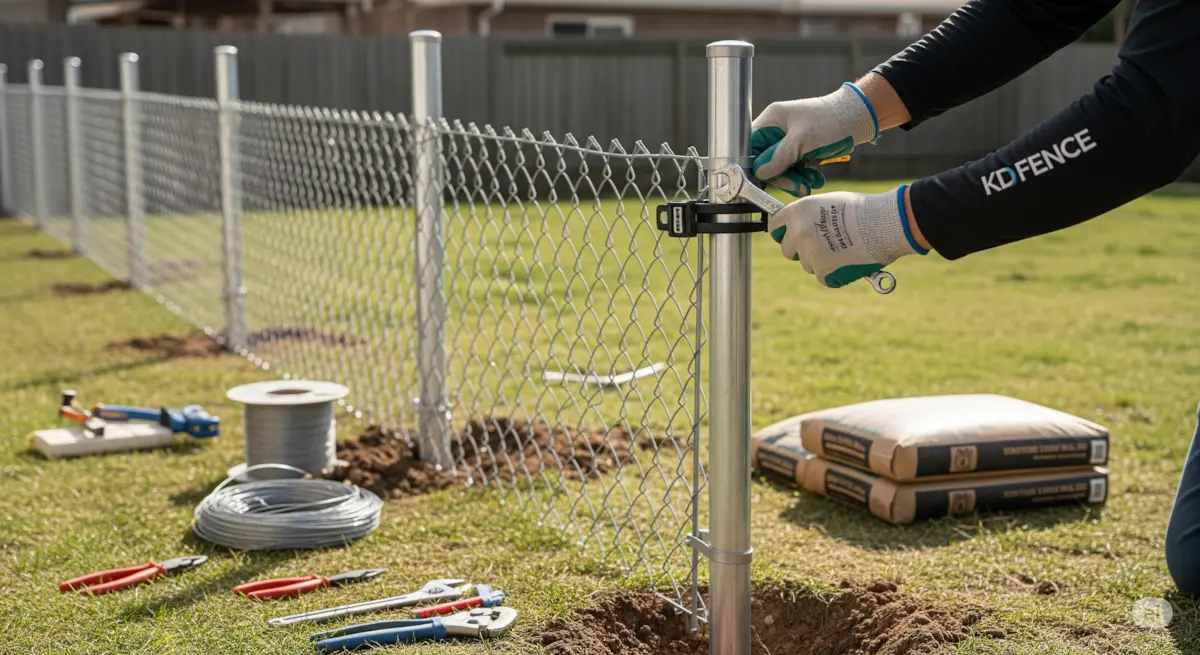 Chain-link fence installation. Shows a KD Fence worker installing a chain-link fence in a backyard.