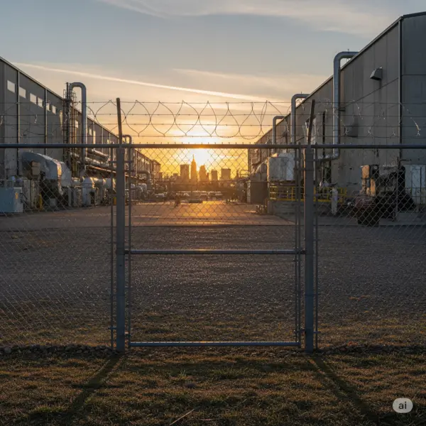High-security commercial fence. Shows a high-security fence with barbed and razor wire around an industrial site at sunrise, with the Albany skyline in the background.