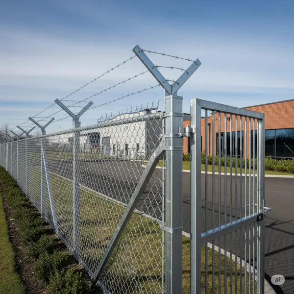 a chain-link fence with barbed wire around a business property.