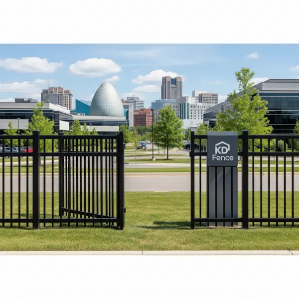Commercial aluminum fence. Shows a sleek black aluminum fence around an office park with the Albany skyline in the background.