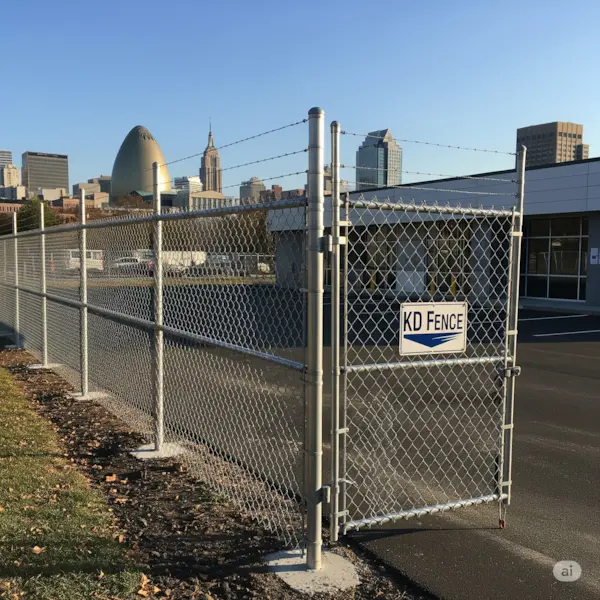 Commercial chain-link fence. Shows a chain-link fence with a gate and the Albany skyline in the background.