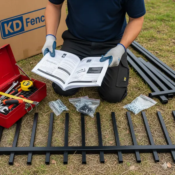 DIY aluminum fence installation. Shows a homeowner reading an instruction manual while assembling an aluminum fence with parts scattered on the ground.