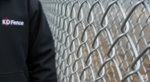 Shows a worker in a KD Fence t-shirt replacing an old fence with a new one.