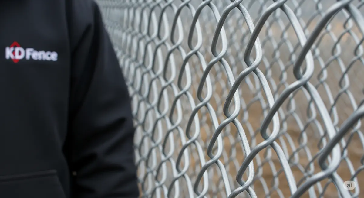 Shows a worker in a KD Fence t-shirt replacing an old fence with a new one.