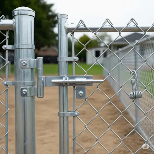 Gate installation. Shows a chain-link fence gate on hinges, slightly ajar.
