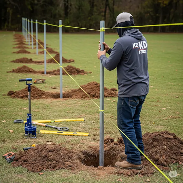 Line post installation. Shows a KD Fence worker setting a line post, aligning it with a string line.