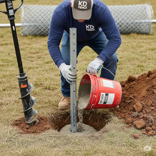 Terminal post installation. Shows a KD Fence worker setting a terminal post with concrete.