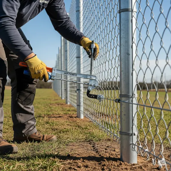 Tension wire installation. Shows a KD Fence worker using a fence stretcher to pull a tension wire taut along the bottom of the fence.