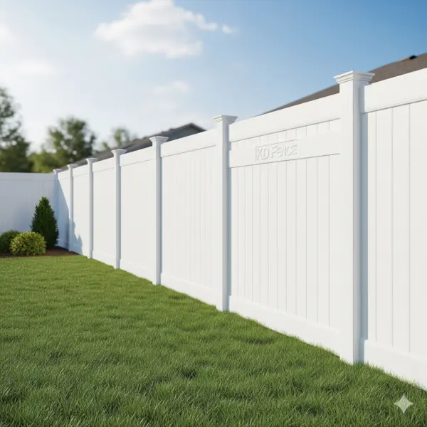 Privacy vinyl fence. Shows a tall, solid white privacy vinyl fence in a suburban backyard.