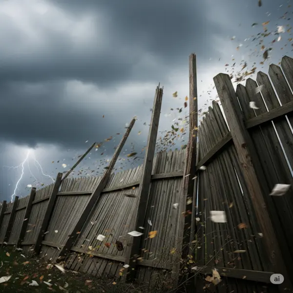 Tall fence in wind. Shows a tall fence struggling against a strong wind, with broken posts and swirling debris.