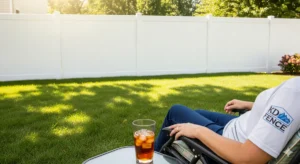 Shows a person relaxing in a backyard with a low-maintenance white vinyl fence, with the "KD Fence" logo visible.