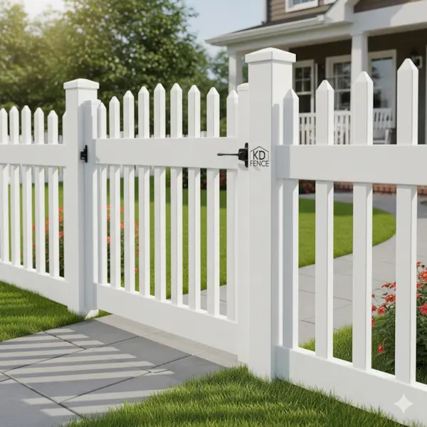 Vinyl picket fence. Shows a classic white vinyl picket fence around a suburban front yard.