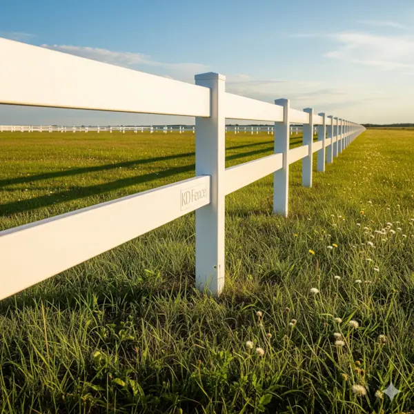 Vinyl ranch-rail fence. Shows a classic white vinyl ranch-rail fence extending across a grassy field.
