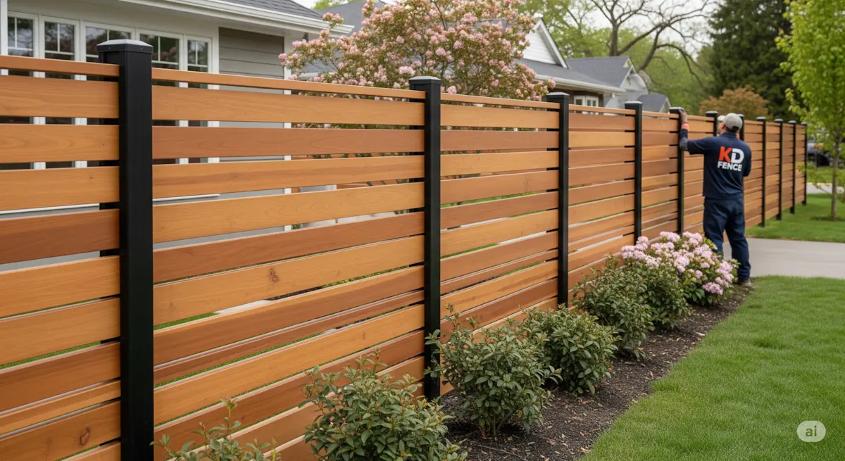 Wood and metal fence design. Shows a modern fence combining wood and metal elements around a home.