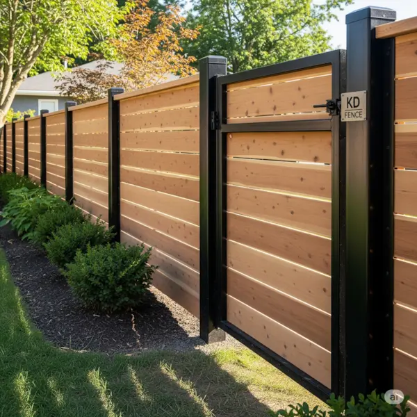 Cedar wood and metal fence. Shows a modern fence combining cedar wood panels with black metal posts.