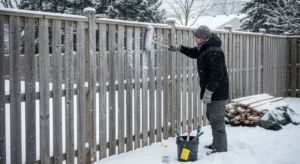 Wood fence in Buffalo winter covered with snow