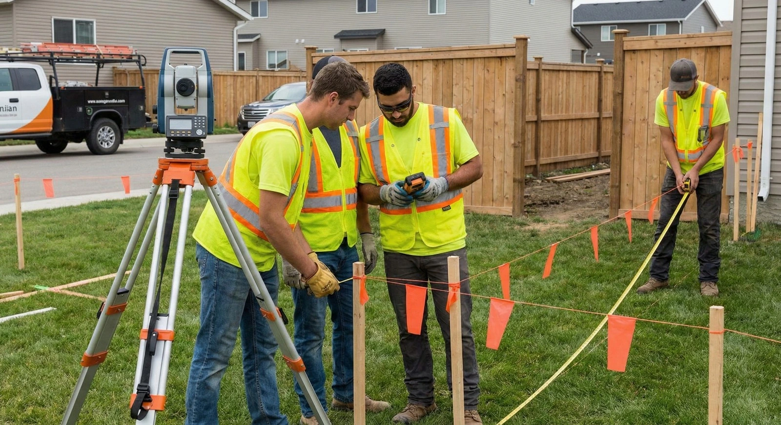 Fence installation team measuring and marking layout for a new wooden fence on a residential property.