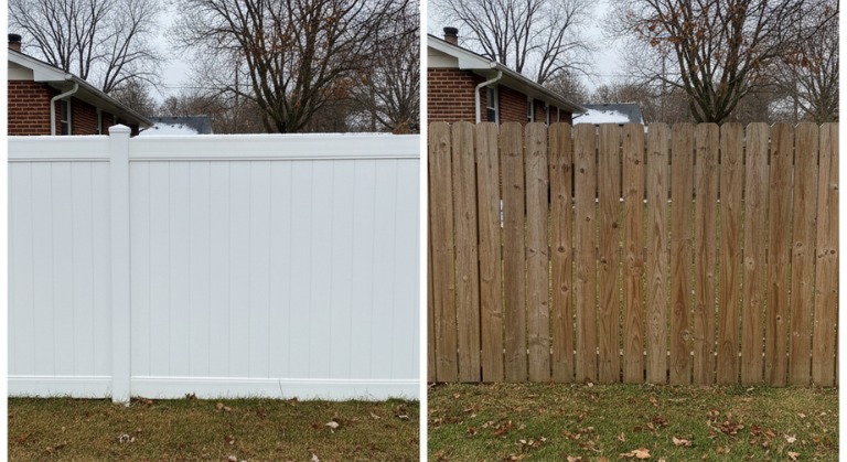 Vinyl privacy fence installation in Syracuse NY backyard