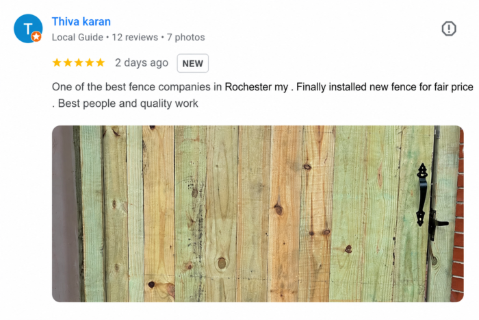Google 5-star review from Rochester homeowner Thiva Karan praising KD Fence for fair pricing, quality workmanship, and professional fence installation.
