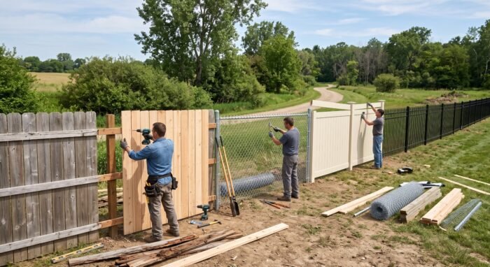 Professional fence repair services in Rochester, NY showing wood fence repair, leaning fence posts, broken panels, gate repair, chain link fence repair, metal fence repair, and vinyl fence repair.