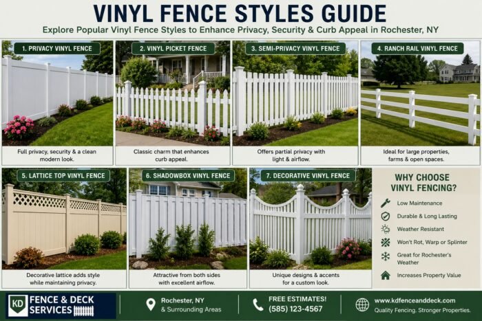 Infographic showing popular vinyl fence styles including privacy, picket, semi-privacy, lattice top, ranch rail, decorative, and shadowbox vinyl fences installed by KD Fence & Deck Services in Rochester, NY.