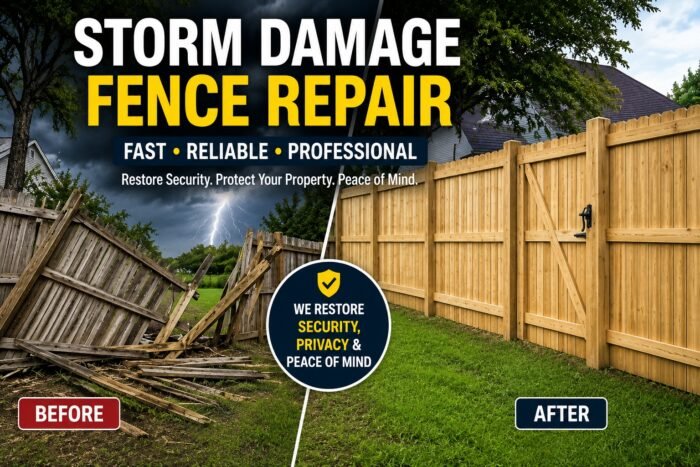 Storm-damaged wooden fence before and after professional storm damage fence repair by KD Fence & Deck Services, restoring security and privacy.